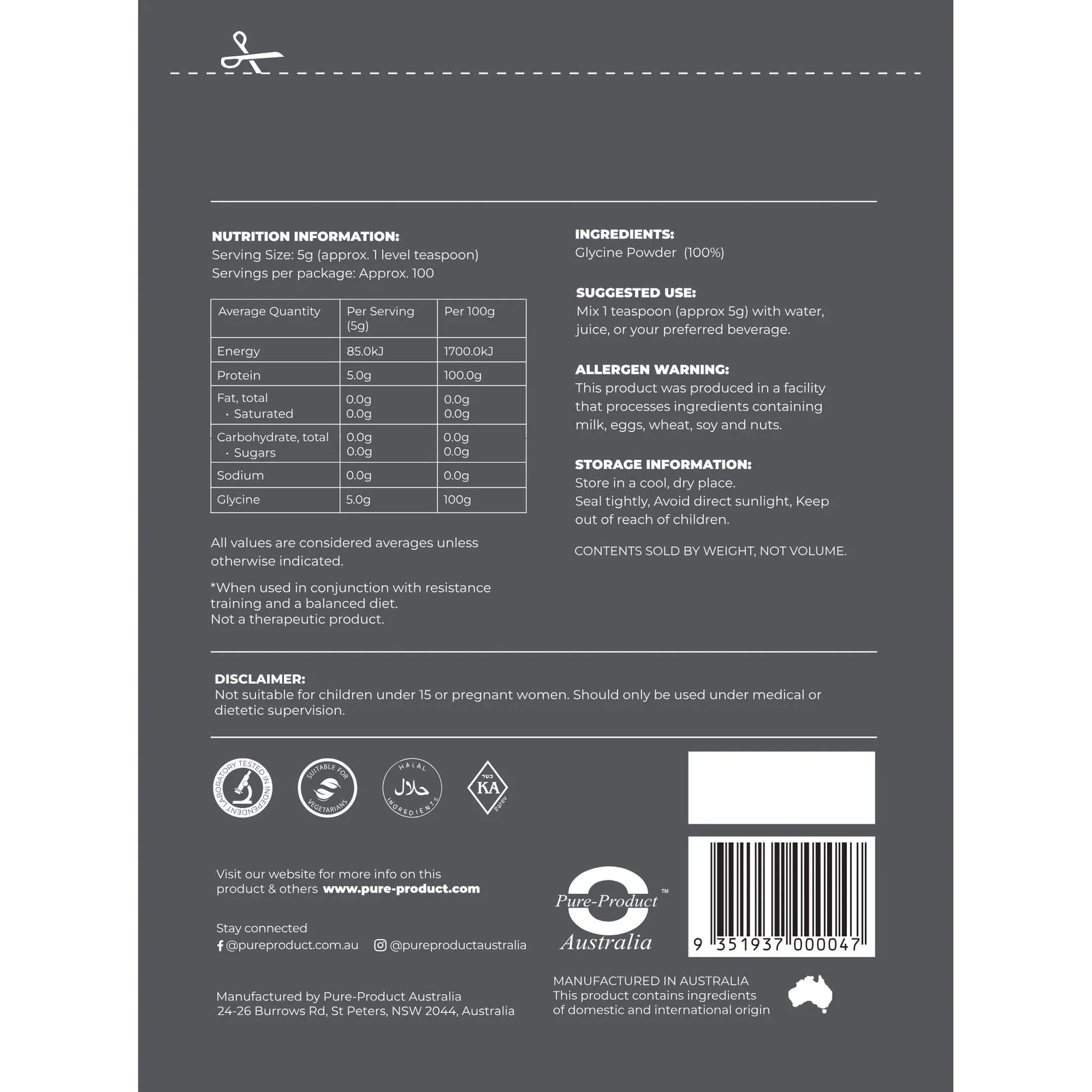 L-Glycine // 500g Pure-Product Australia NTS Newtown Supplement Store Sydney