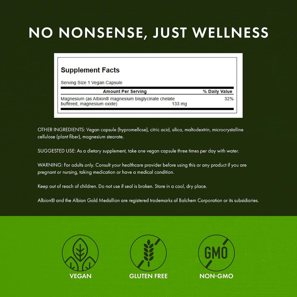 Albion Magnesium Glycinate 133 mg // 90 Vegan Capsules Swanson NTS Newtown Supplement Store Sydney