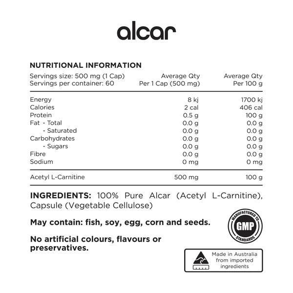 alcar 100% Pure Acetyl L-Carnitine // 60 Veg Caps SWITCH NTS Newtown Supplement Store Sydney