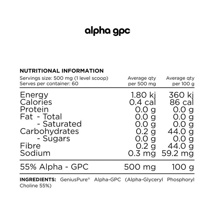 Alpha-GPC 55% GeniusPure 500mg // 60 Serves SWITCH NTS Newtown Supplement Store Sydney