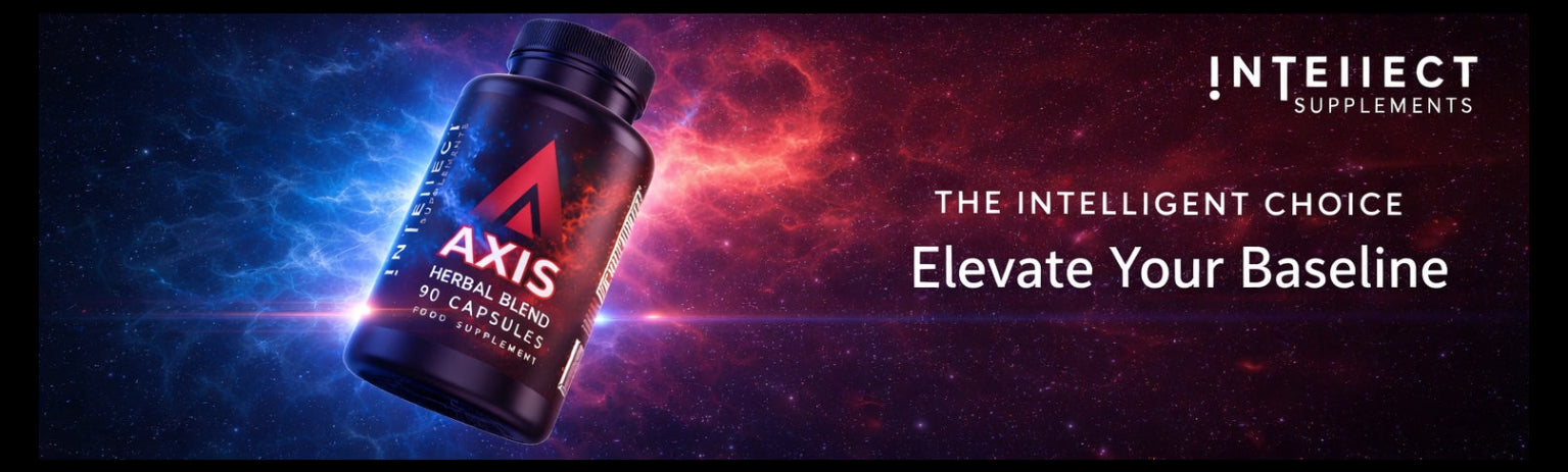Supplement bottle labeled 'Axis' with Inteject Supplements branding on a cosmic background