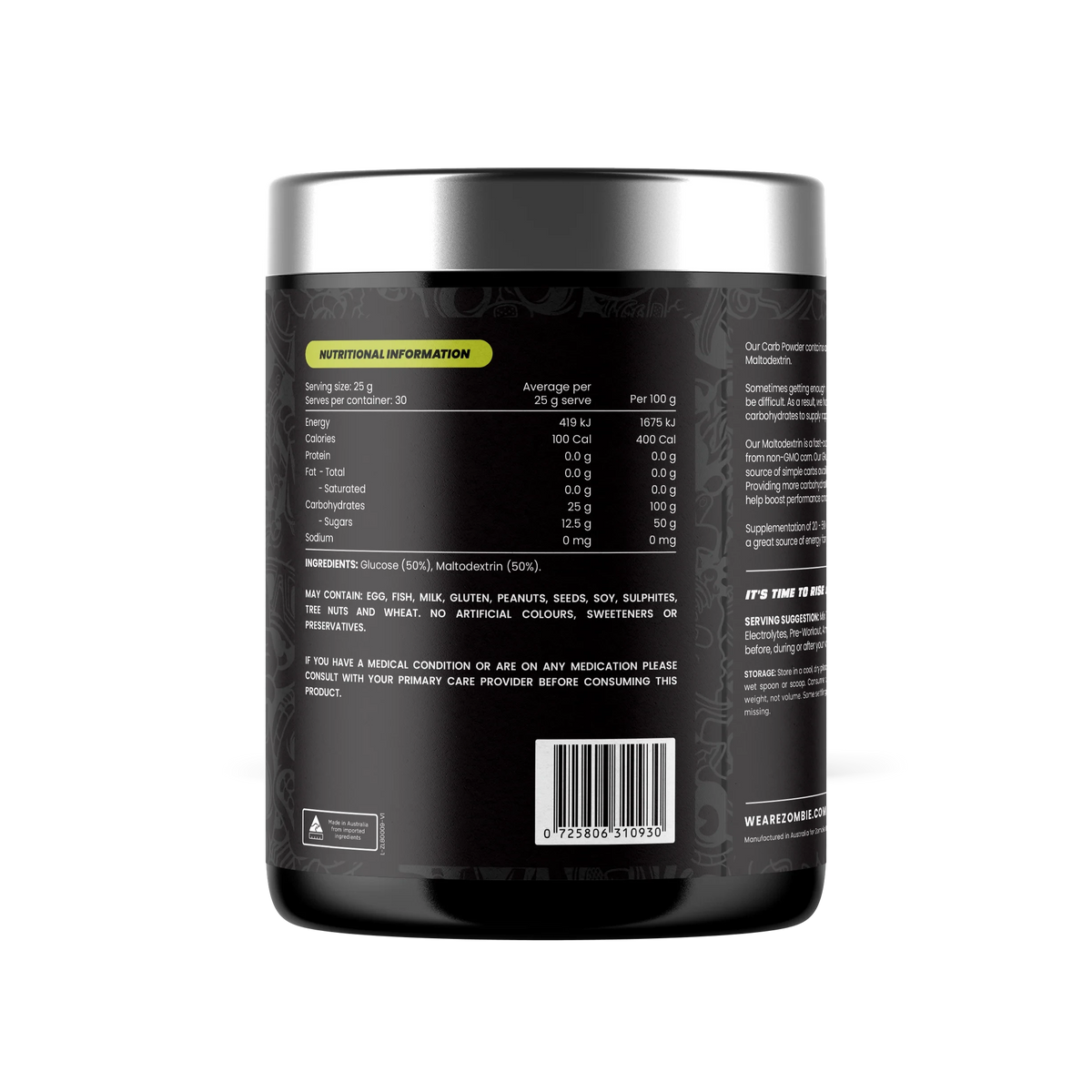 CARBS 100% Pure Carbohydrates // 30 Serves Zombie Labs NTS Newtown Supplement Store Sydney
