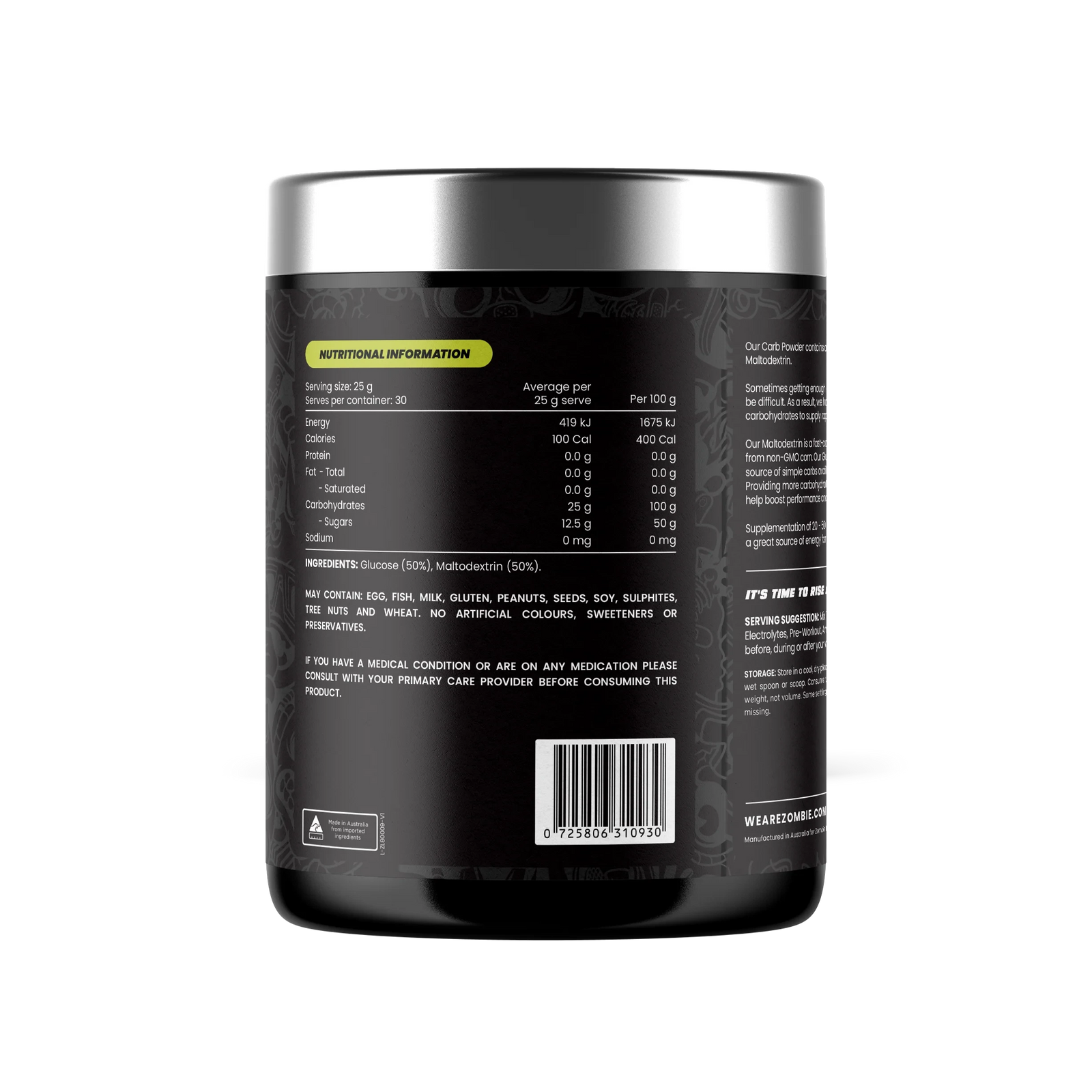 CARBS 100% Pure Carbohydrates // 30 Serves Zombie Labs NTS Newtown Supplement Store Sydney