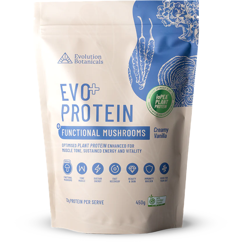 Evo+ Plant Protein with Functional Mushrooms // 450g Evolution Botanicals Creamy Vanilla NTS Newtown Supplement Store Sydney