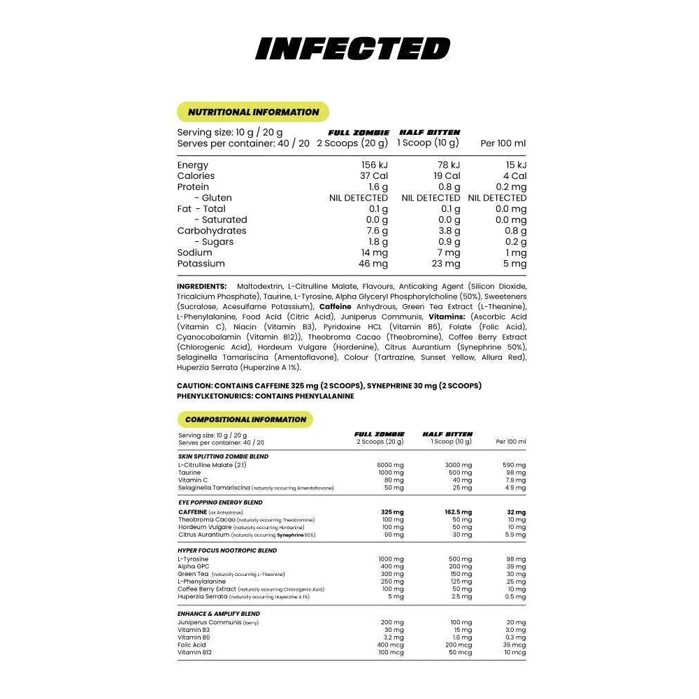 INFECTED // High Stimulant Pre-Workout (no tingles) Zombie Labs NTS Newtown Supplement Store Sydney