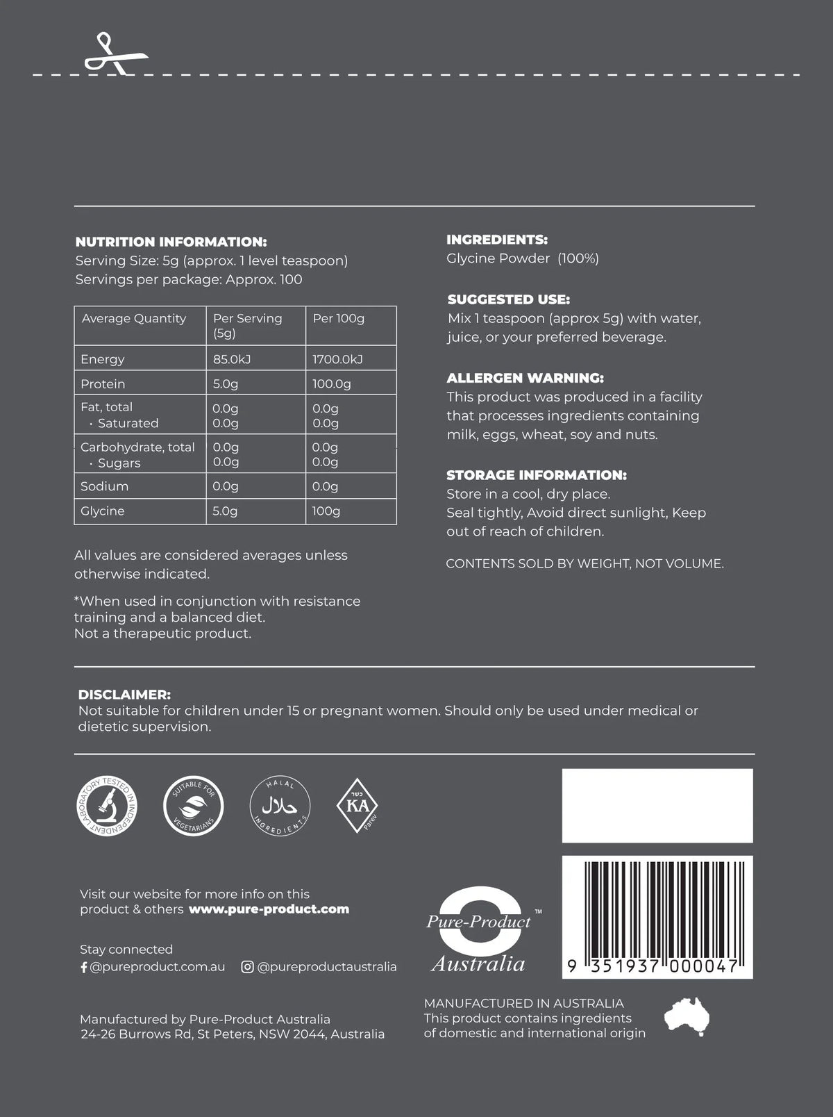 L-Glycine // 500g Pure-Product Australia NTS Newtown Supplement Store Sydney