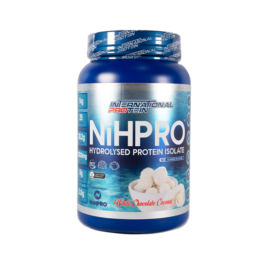 NIHPRO Hydrolysed Protein Isolate // 1kg (25 serves) International Protein White Chocolate Coconut NTS Newtown Supplement Store Sydney