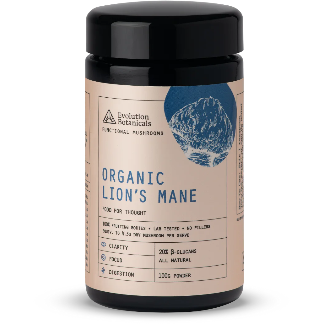 Organic Lion&#39;s Mane // All Natural 20% B-Glucans 100g Powder Evolution Botanicals NTS Newtown Supplement Store Sydney