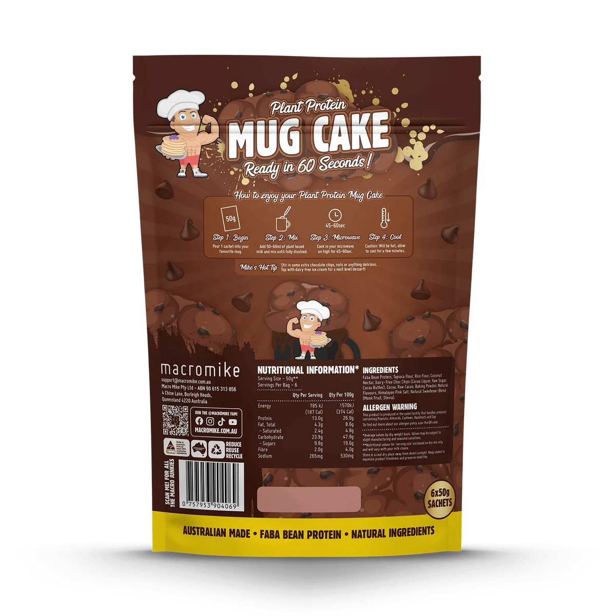 Plant Protein Mug Cake // 13g Protein (6x50g Sachets) Macro Mike NTS Newtown Supplement Store Sydney
