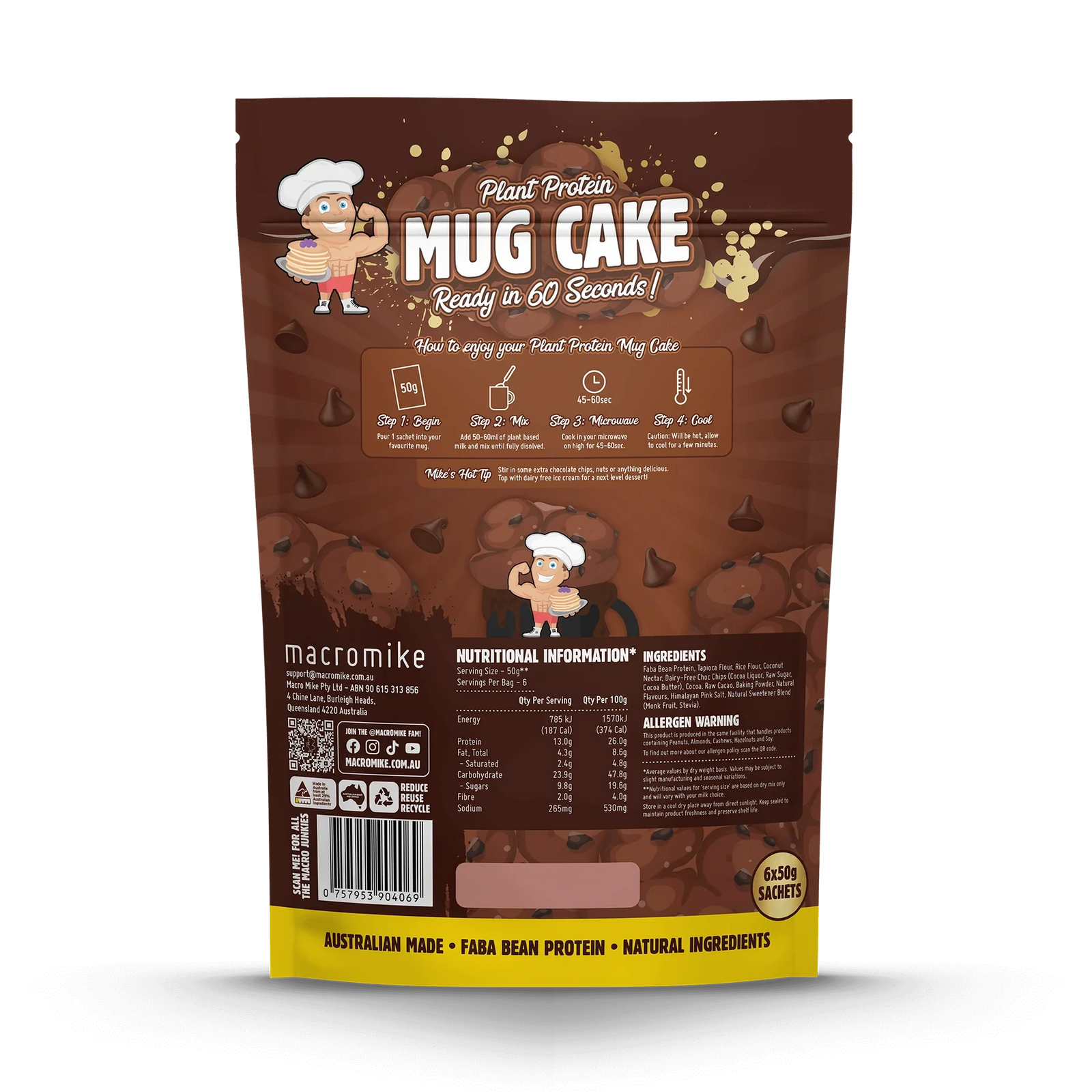 Plant Protein Mug Cake // 13g Protein (6x50g Sachets) Macro Mike NTS Newtown Supplement Store Sydney