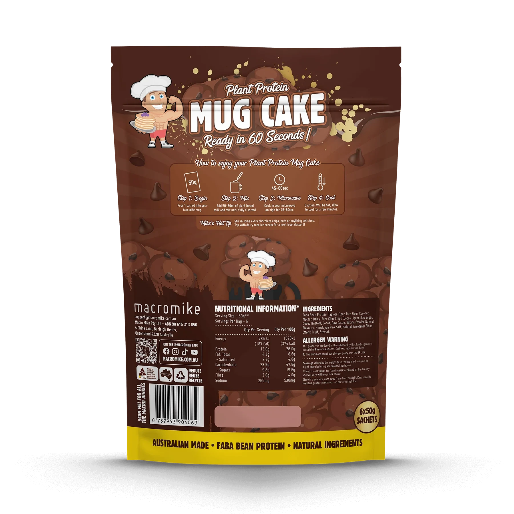 Plant Protein Mug Cake // 13g Protein (6x50g Sachets) Macro Mike NTS Newtown Supplement Store Sydney