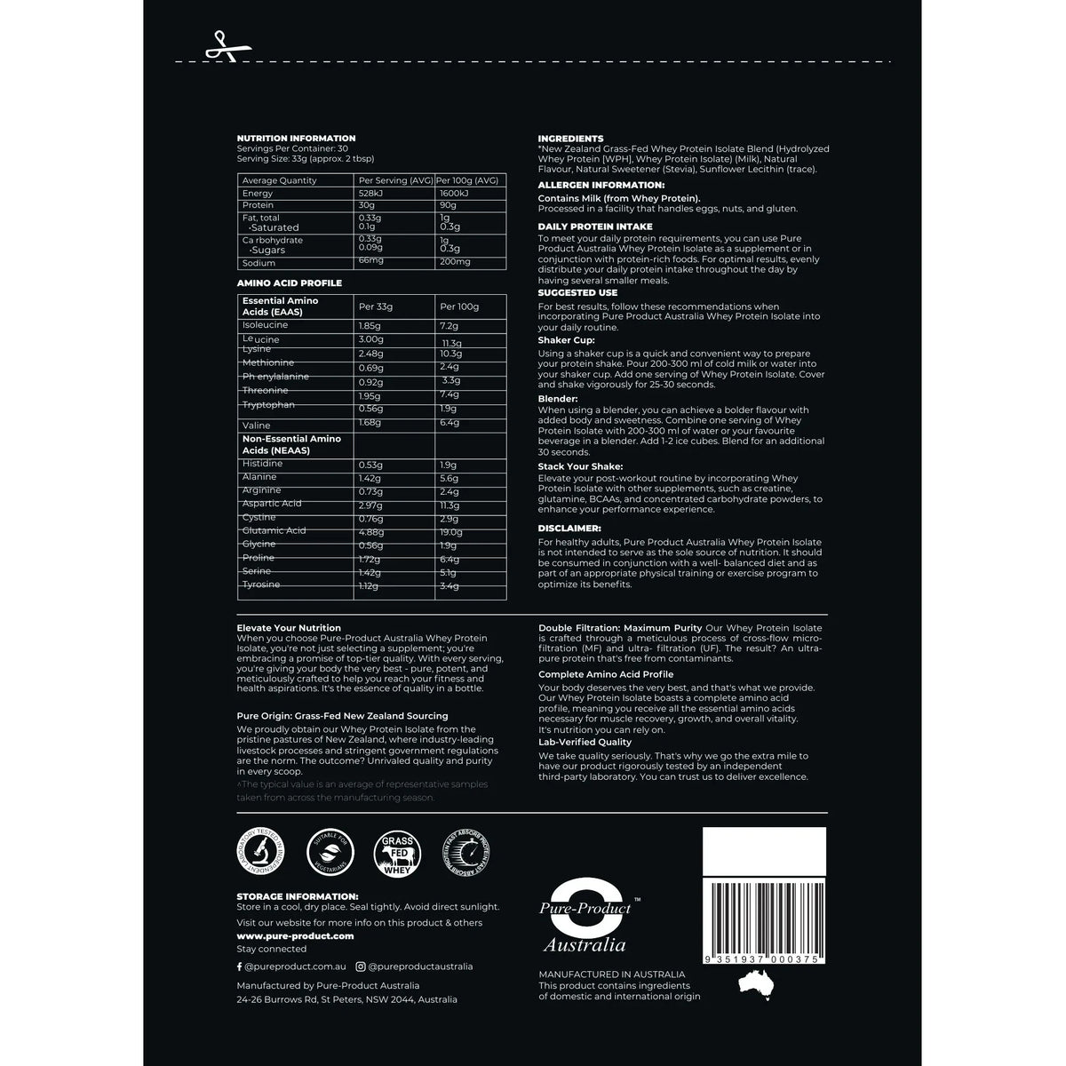 Premium Quality Whey Protein Isolate // 30 Servings Pure-Product Australia NTS Newtown Supplement Store Sydney