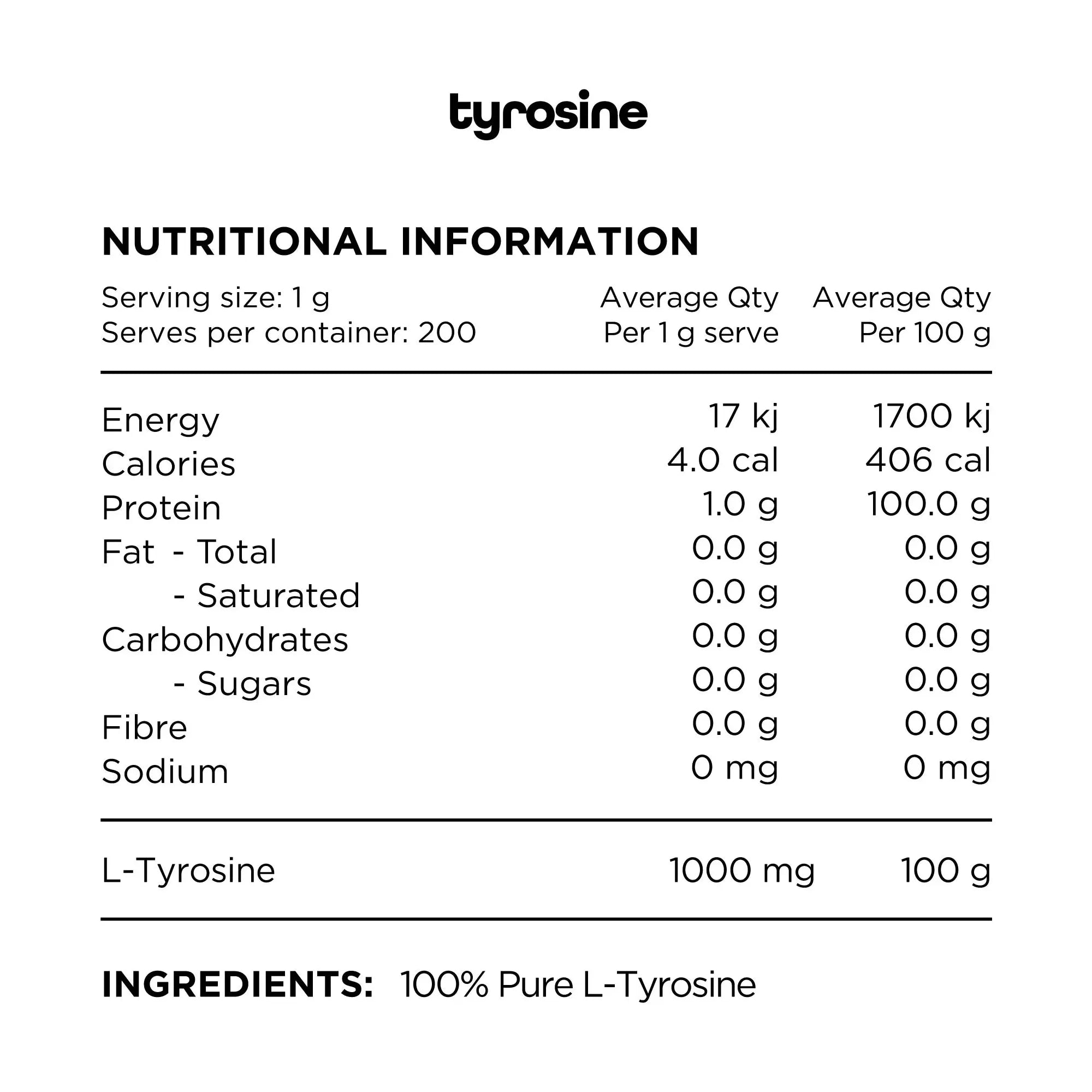 Tyrosine SWITCH// 100% Pure 200 Serves SWITCH NTS Newtown Supplement Store Sydney