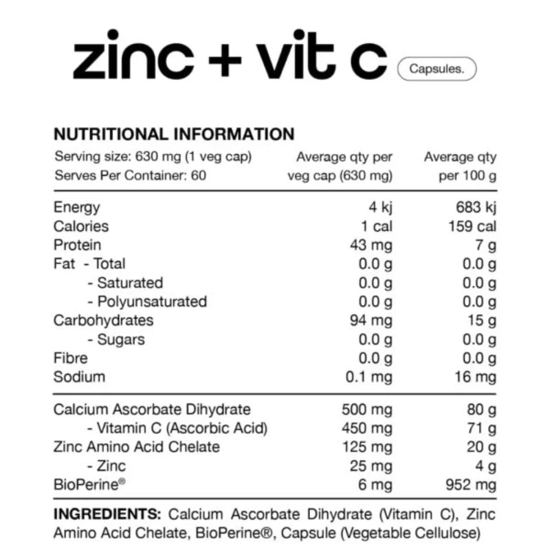 Zinc + Vitamin C // 60 Veg Caps SWITCH NTS Newtown Supplement Store Sydney