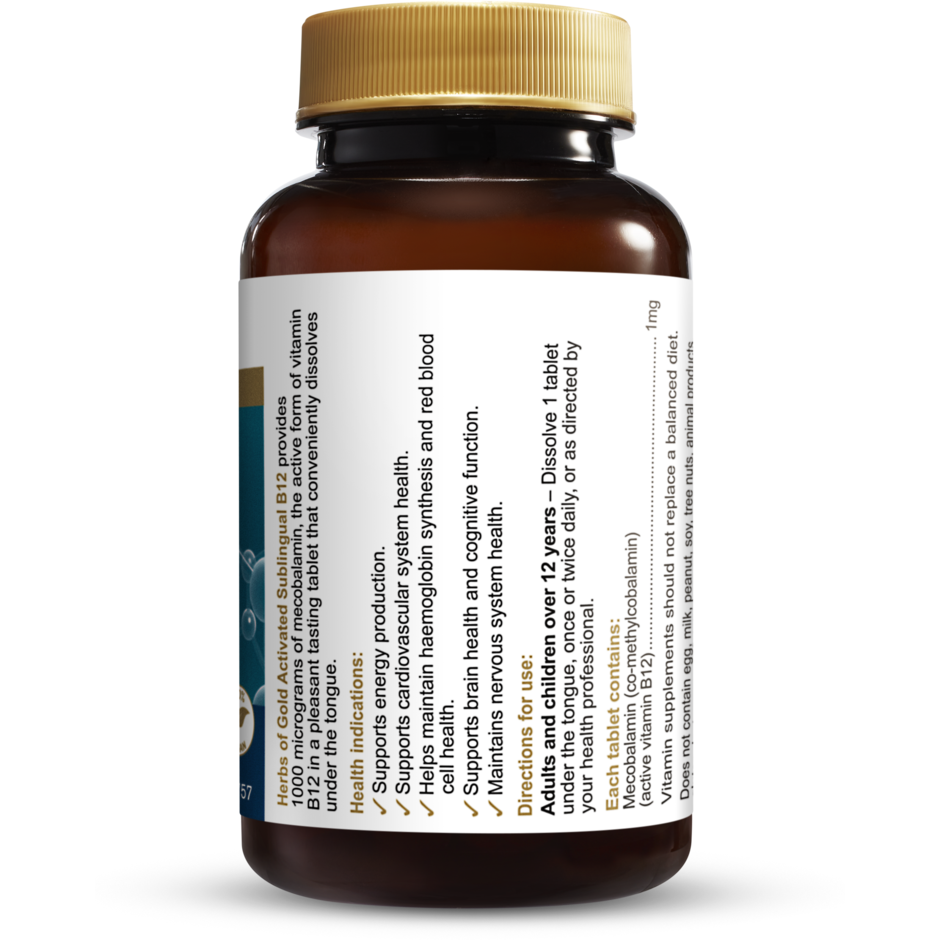 Activated Sublingual B12 // Energy Production Herbs of Gold 75 Tablets NTS Newtown Supplement Store Sydney