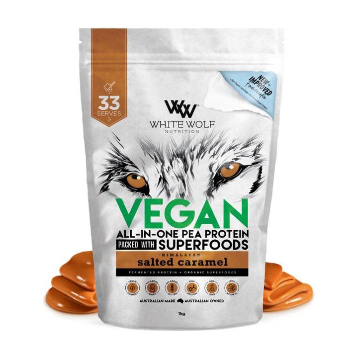 Vegan All-In-One Pea Protein White Wolf Nutrition Salted Caramel / 1kg NTS Newtown Supplement Store Sydney